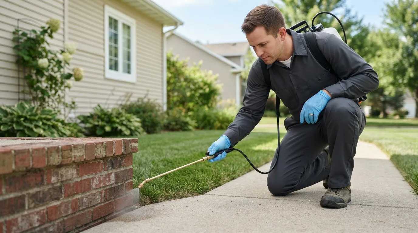 Pest control technician treating a home near Skowhegan, ME