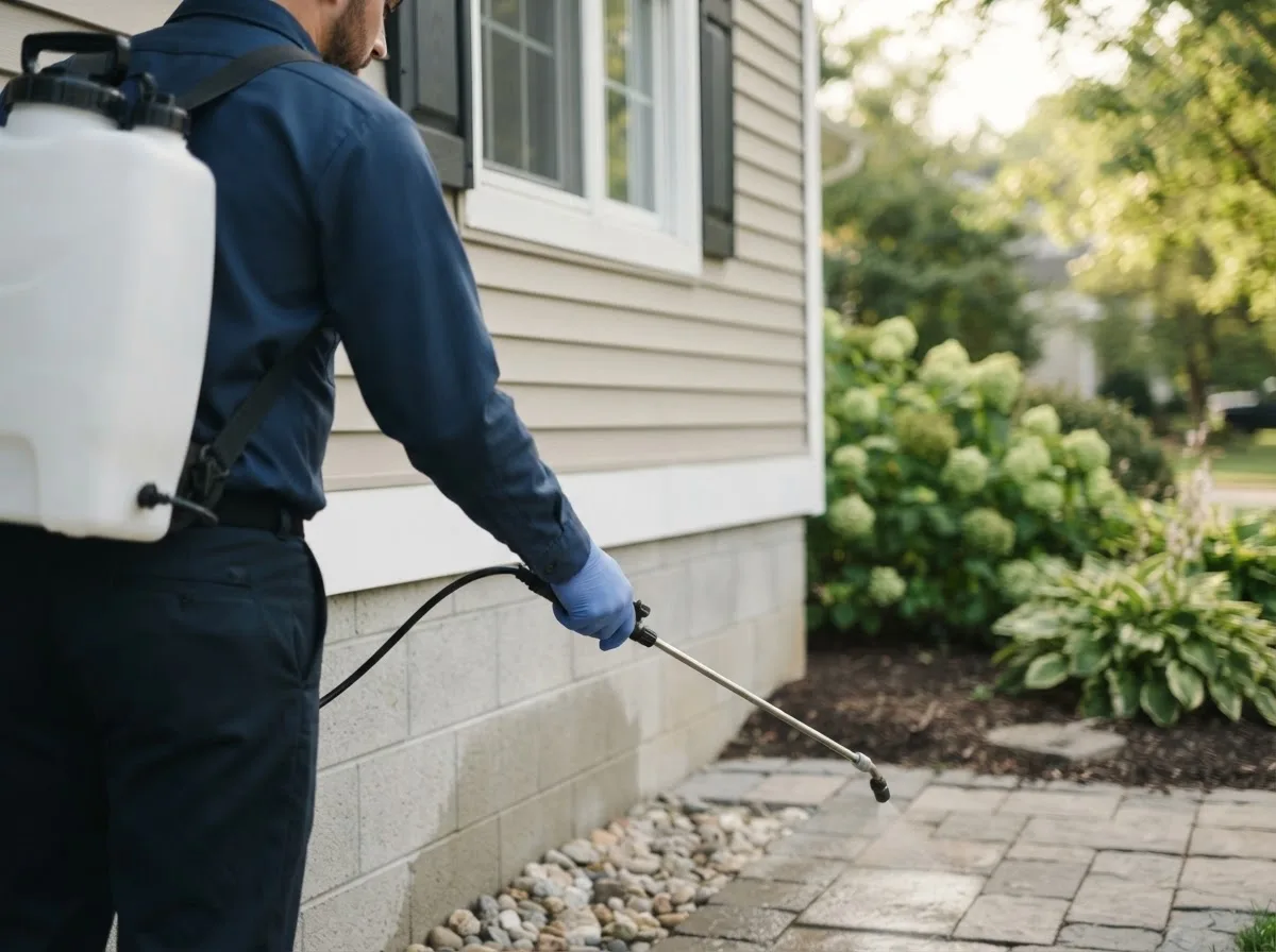 Pest control technician inspecting a home in Skowhegan, ME